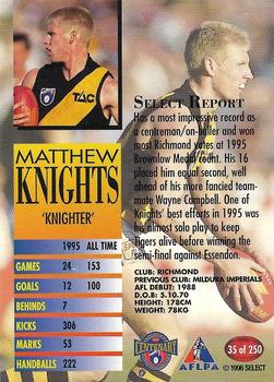 1996 Select AFL #35 Matthew Knights Back